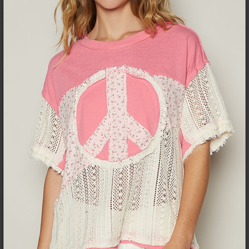 POL Pink and Cream Crochet Peace Sign Top - Picture 1 of 8